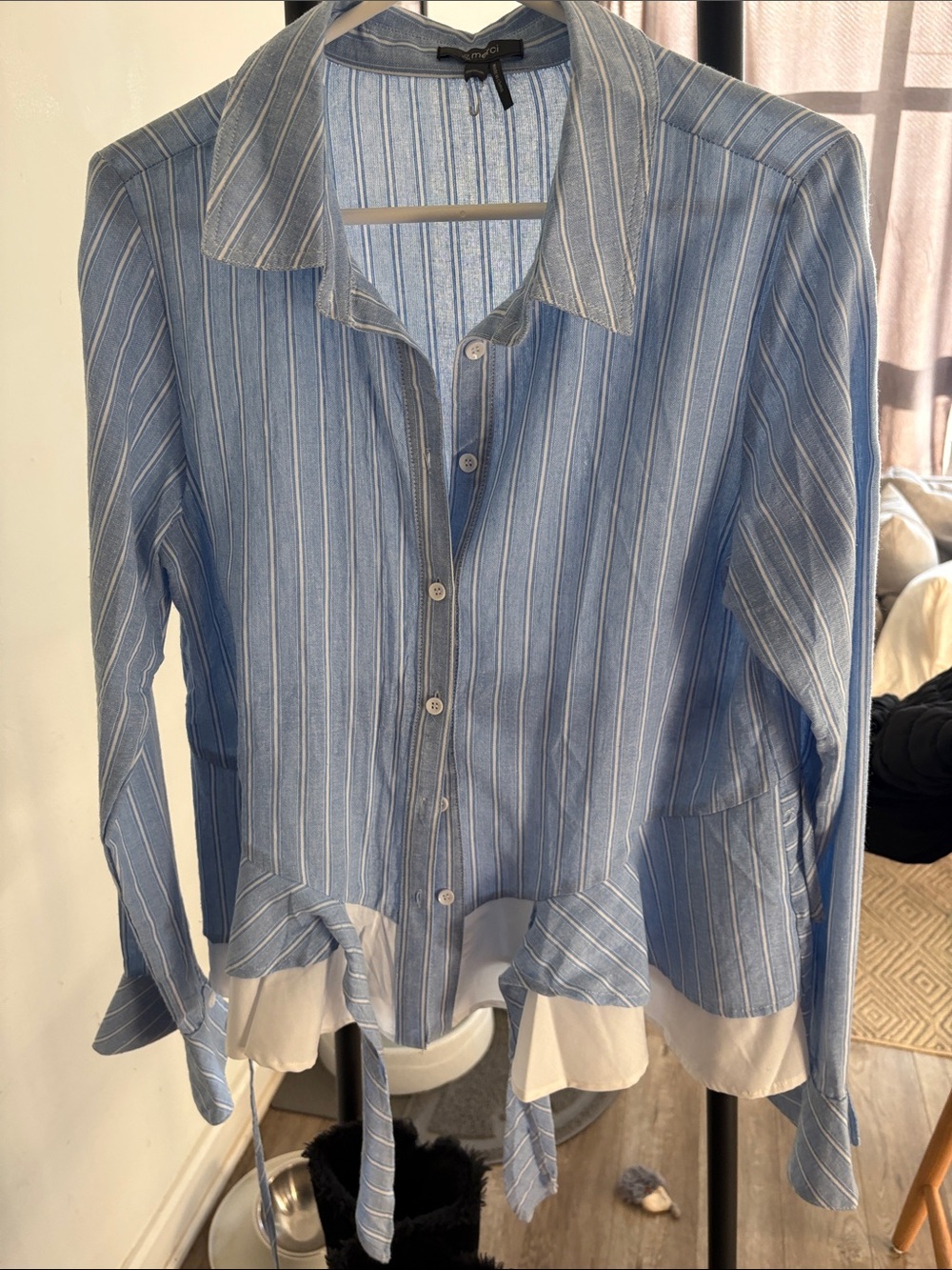 &merci ladies Blue and White Striped Peplum Button-Down Shirt